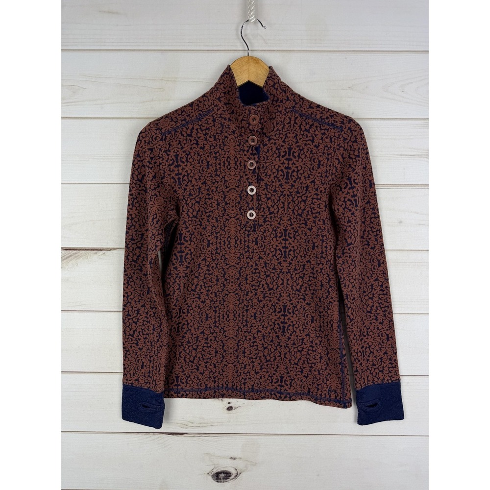 KAVU Top Womens Medium Brown Floral Mock Neck Henley Thumbholes Pullover